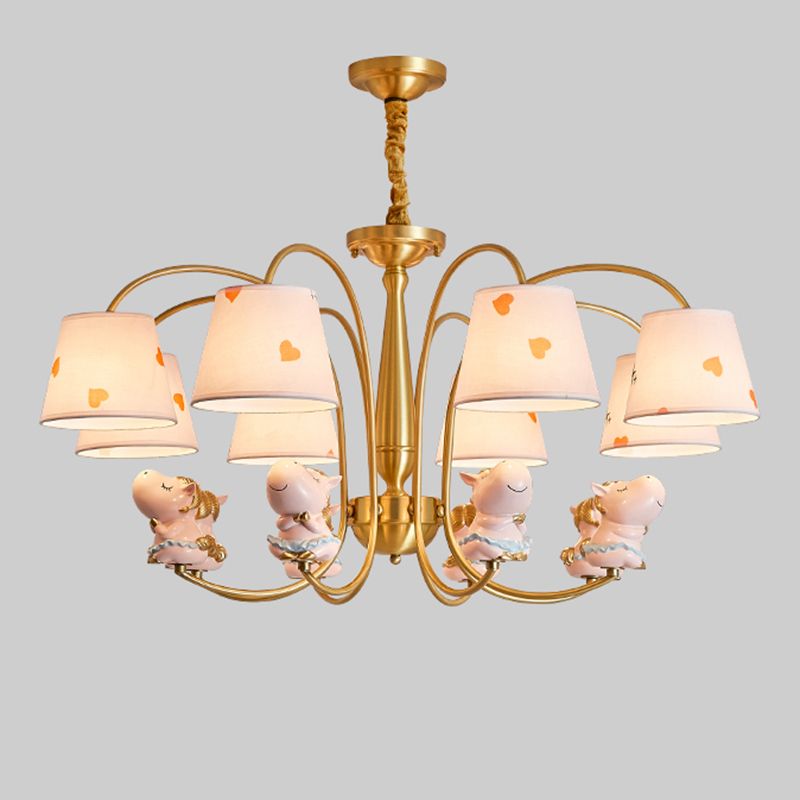 Animal Nursery Ceiling Lighting Resin Childrens Chandelier Light Fixture with Tapered Fabric Shade in Gold