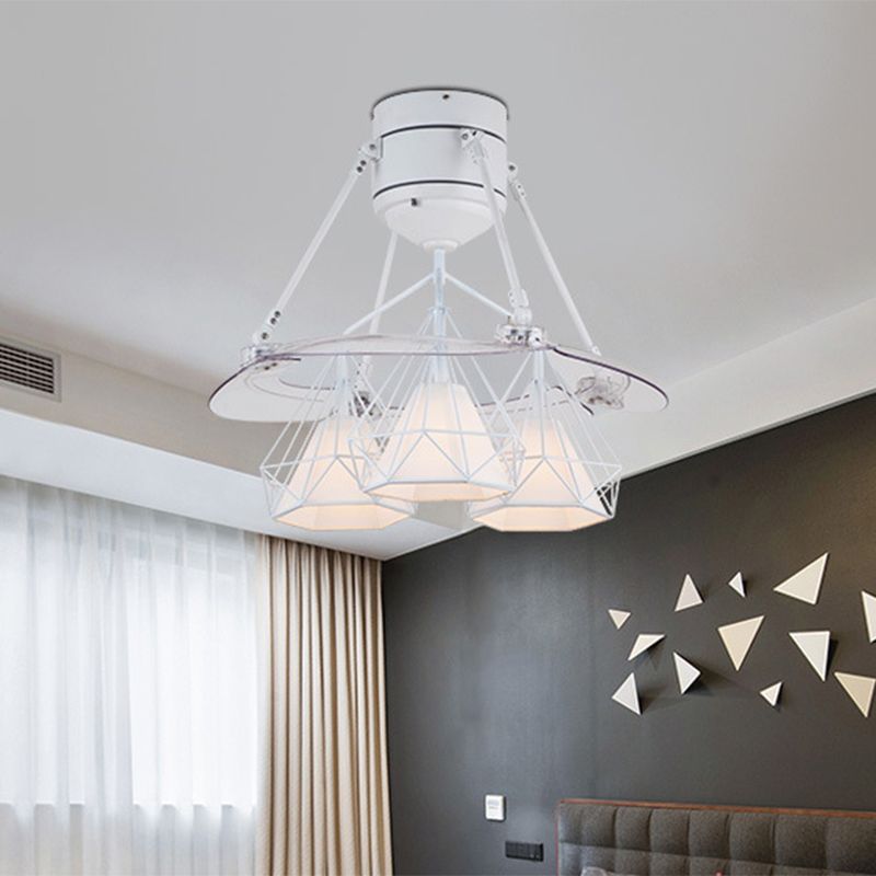 Telaio diamantato in metallo semifulto minimalismo a 3 luci a 3 luci/bianco/verde illuminazione a ventola a soffitto a 4 lame per camera da letto, largo 48 "