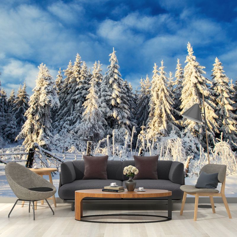 Modern Snow Cypress Mural Wallpaper Blue Cloudy Sky Wall Decoration for Corridor