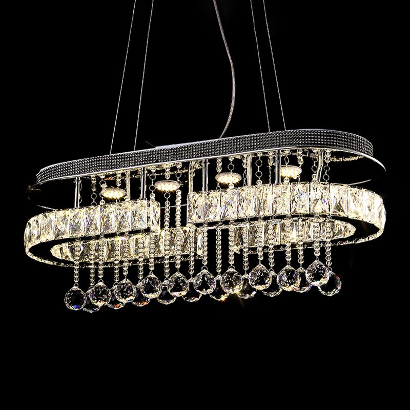 Stainless Steel Oblong Island Light Modern LED Crystal Pendant Lighting Fixture with Ball Tassel
