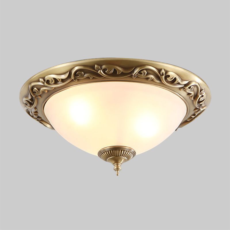 Opaline Glass Brass Flush Light Semicircle 12"/16"/19.5" Wide 2/3 Heads Traditional Ceiling Lighting for Bedroom