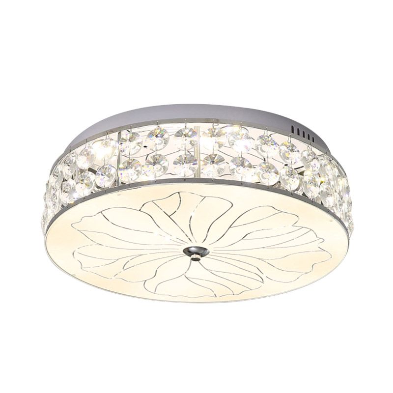 LED Round Flushmount Modernism Cut Crystal Ceiling Light Fixture in Nickel with Opal Glass Diffuser