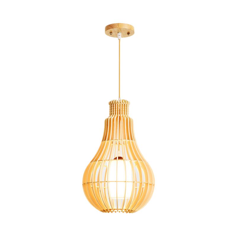 Beige Droplet Ceiling Suspension Lamp Asian 1 Bulb Wooden Hanging Pendant with Inner Tube Fabric Shade