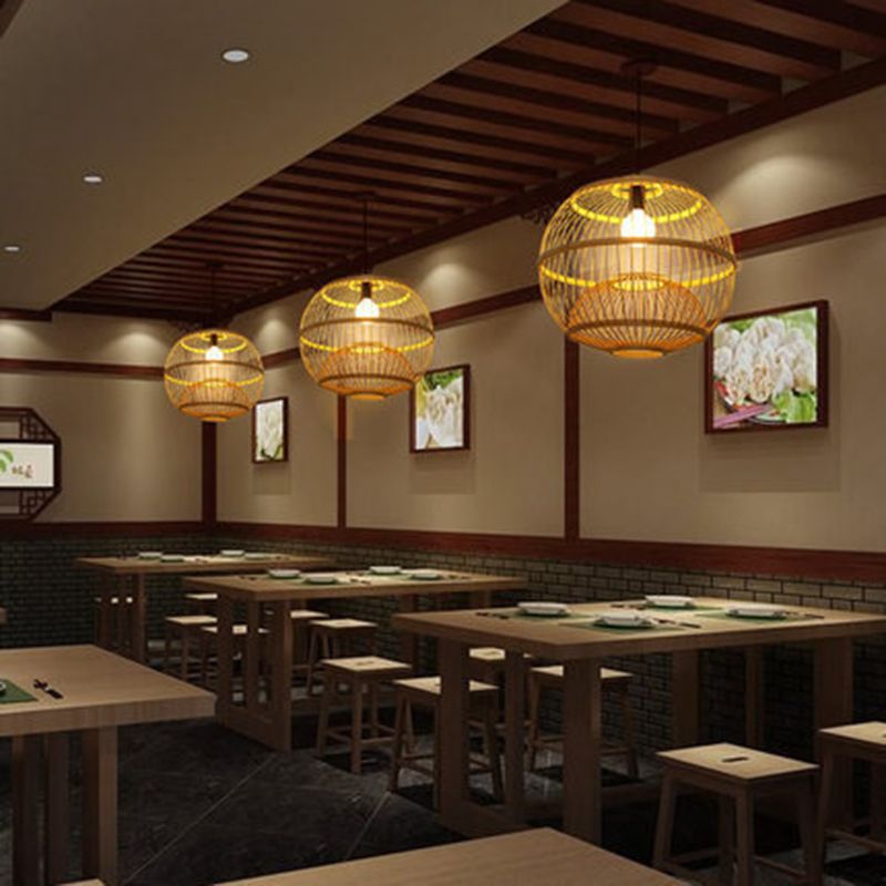 1 Light Round Ceiling Light Chinese Simple Bamboo Ceiling Fixture for Restaurant