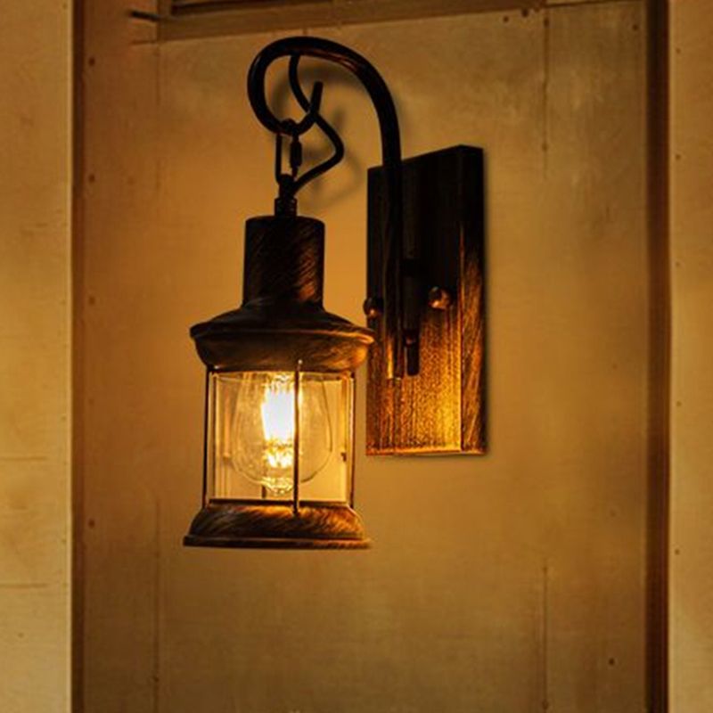 Iron Lantern Wall Light Retro Style Single-Bulb Restaurant Wall Lighting Fixture in Bronze