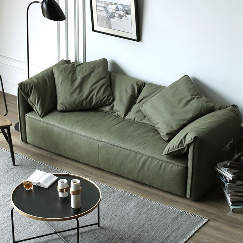 Living Room Faux Leather Settee Green Slipcovered Sofa with Pillow Top Arm
