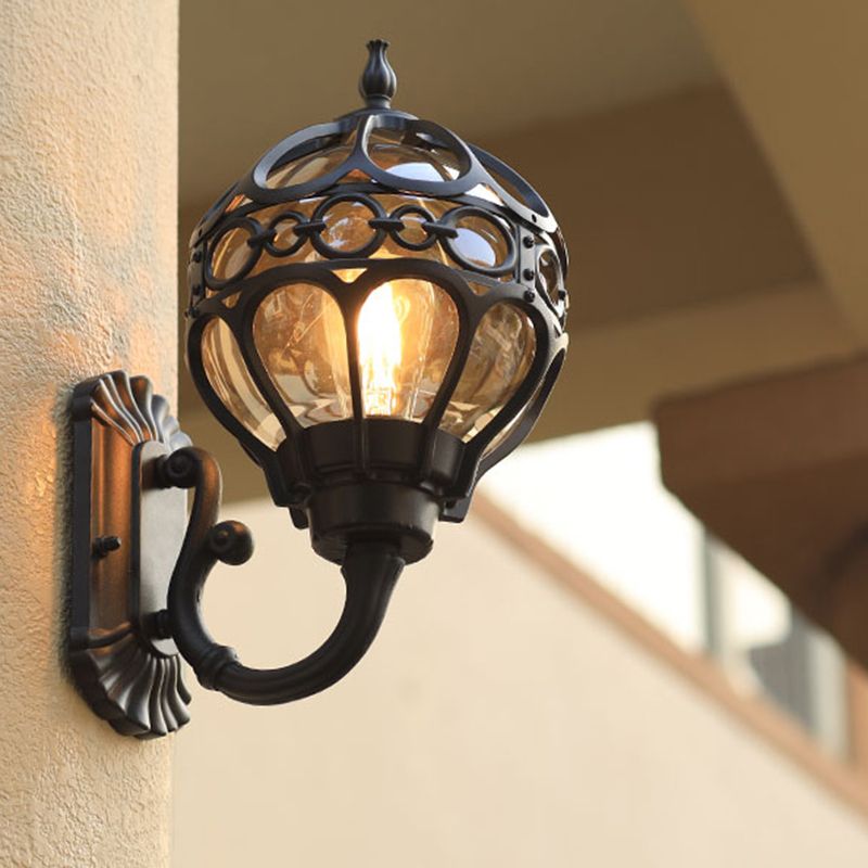 Sphere Outdoor Wall Mount Light Retro Clear Glass 1 Bulb Wall Sconce with Cage Guard
