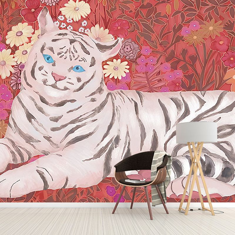 Big Illustration Contemporary Wall Covering for Living Room with Cute Tiger and Floral Design in Pink