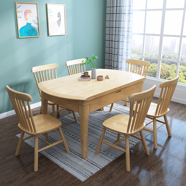 Modern Style Solid Wood Dining Table Brown Round Drop-Leaf Table with 4 Legs
