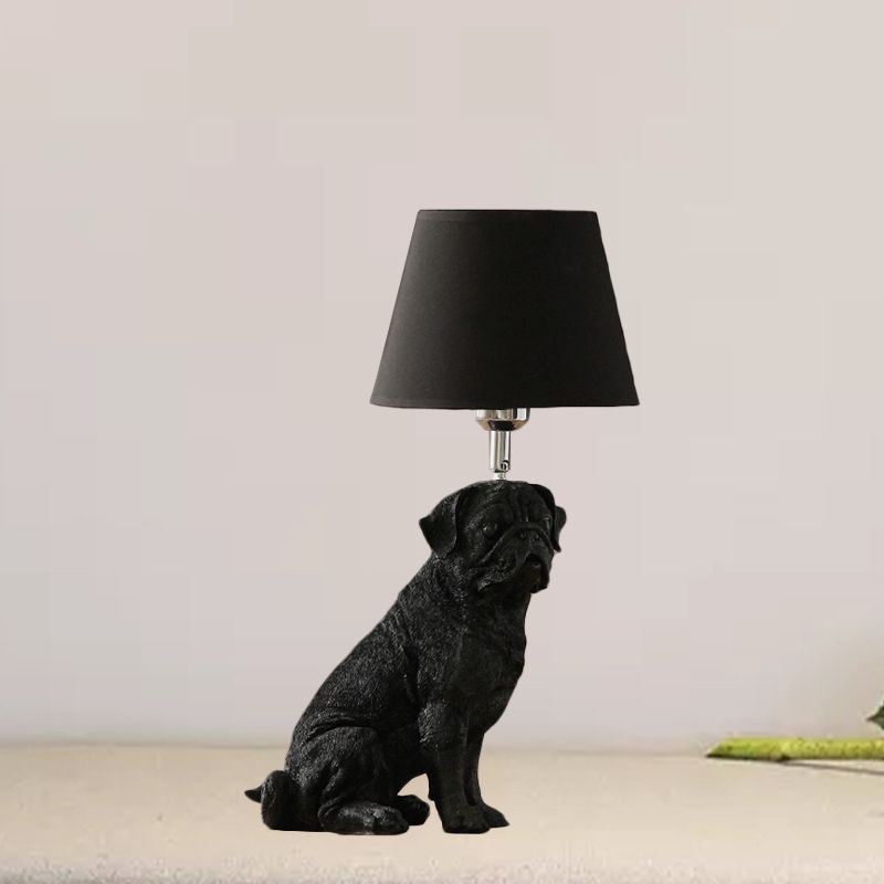1 Bulb Fabric Night Table Light Traditional Black Drum Bedroom Nightstand Lamp with Resin Dog Base