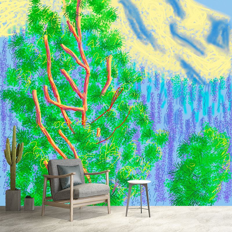 Whole Plants Wall Paper Murals Artistic Enchanting Cypress and Mountain Painting Wall Decor in Blue-Green