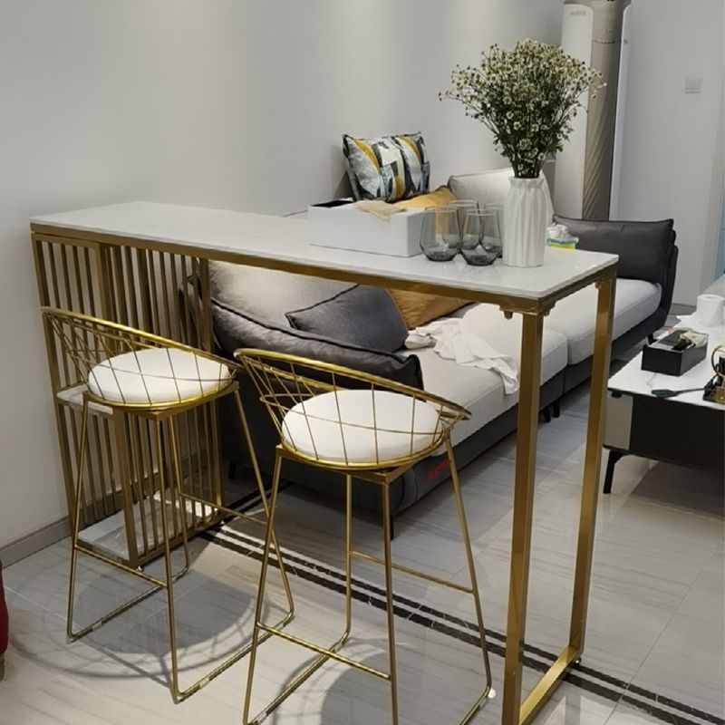 Glam Rectangle Faux Marble Pub Bar Table Iron Double Pedestal Bar Dining Table with Shelf