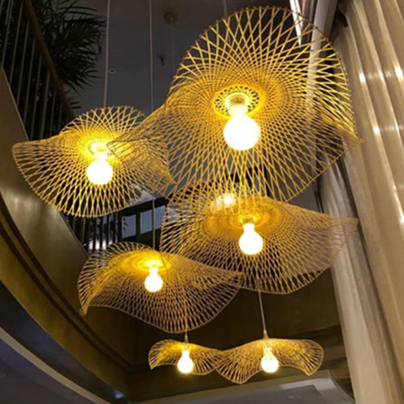 Schattierte Restaurant Anhänger Leuchte Bambus Asien Stil Deckenheizlicht in Beige