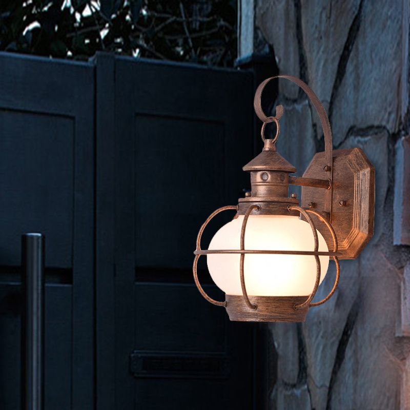 Coffee/Bronze Lantern Wall Light Retro White/Clear Glass 1 Head Outdoor Wall Lighting with Wire Cage