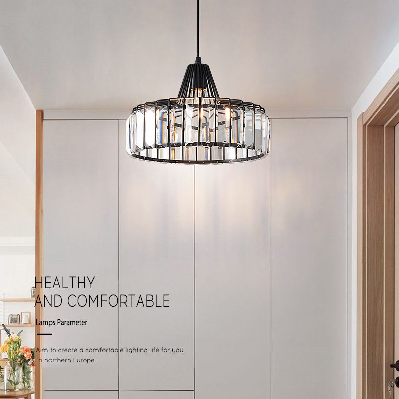 Contemporary Style Drum Crystal Hanging Lamp 1-Light Simplicity Bedside Mini Lighting Pendant