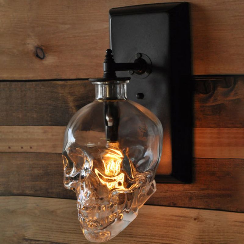Black Skull Wall Mount Light Artistic Single-Bulb Clear Glass Wall Light Fixture for Corridor