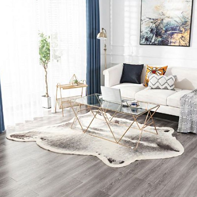 White and Grey Minimalist Rug Synthetics Faux Badger Skin Carpet Washable Pet Friendly Non-Slip Backing Rug for Living Room