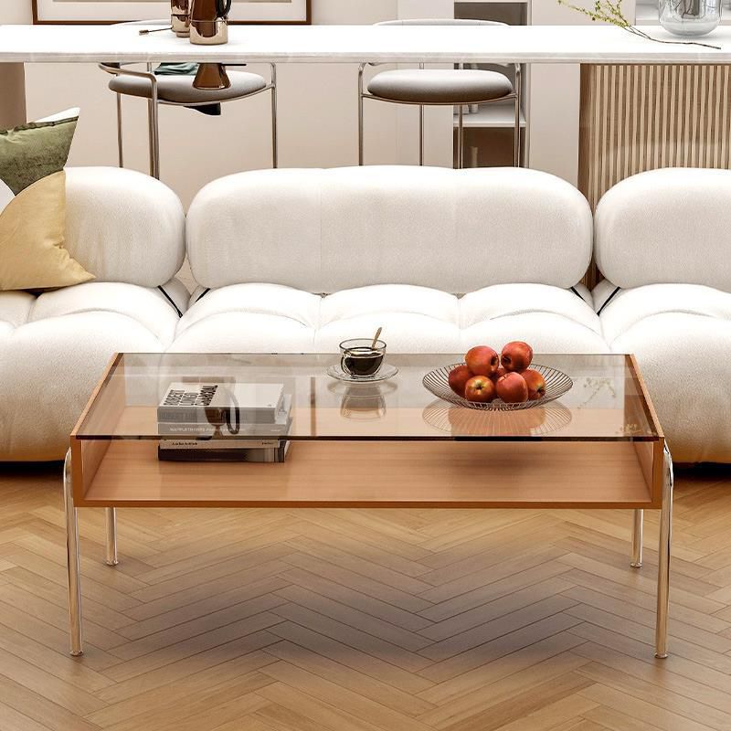 Contemporary Glass Top Coffee Table in Rectangle with 1 Shelf and 4 Legs