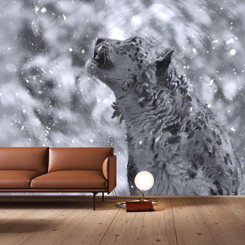 Customized Snow-Leopard Mural Stain Resistant Soft Color Wall Art for Bedroom