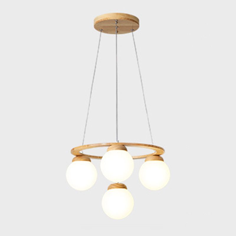 Wooden Circle Chandelier Nordic Style Hanging Light with Ball White Glass Shade