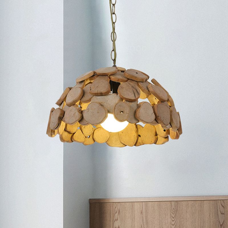 1-Head Restaurant Ceiling Light Asian Brown Hanging Lamp Kit with Dome Wood Block Shade