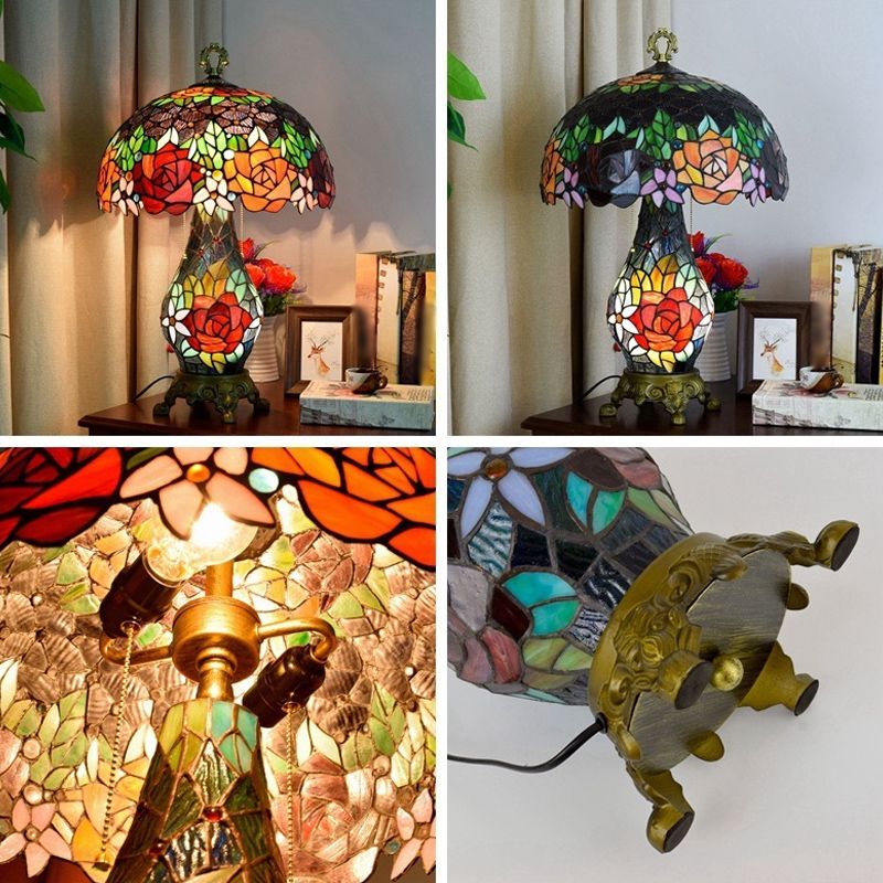 Accensione del tavolo da 3 teste verdi lampada da comodino con sfumatura di vetro color arte color arte con tonalità di funghi