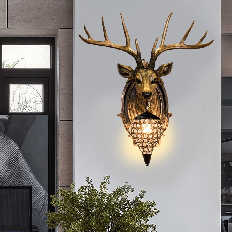 White/Beige/Yellow Deer Wall Lighting Rustic Resin 1 Light Living Room Sconce Lamp with Droplet Crystal Shade