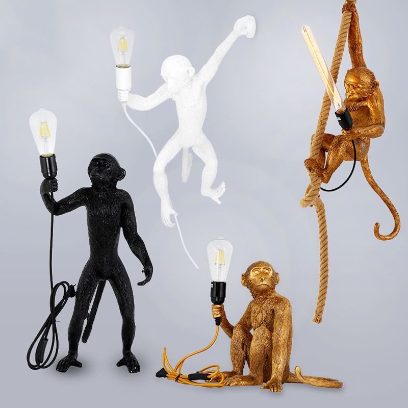 Resin Monkey Pendulum Light Novelty Lodge 1 Head Restaurant Ceiling Pendant in Gold/Black/White with Rope Cord