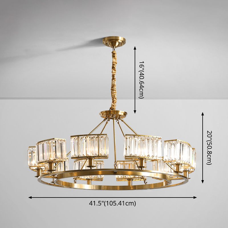 Polished Brass Round Chandelier Lighting Fixtures with 15" Adjustable Cord Modern Clear Crystal Pendant