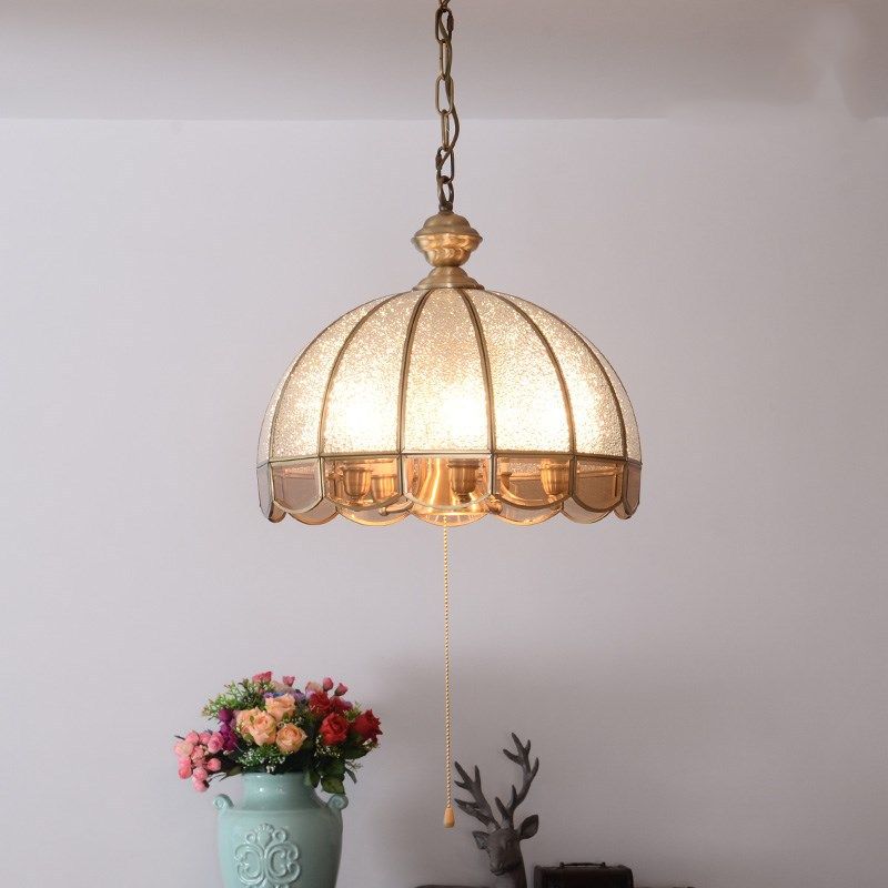 Dome Frosted Glass Hanging Chandelier Retro 6 Heads Brass Ceiling Pendant Light for Dining Room