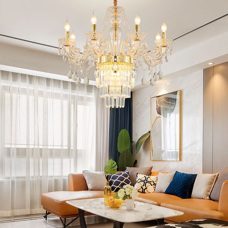 Candle Living Room Chandelier Lighting Traditional Clear Crystal 6 Lights Chrome/Gold Hanging Lamp