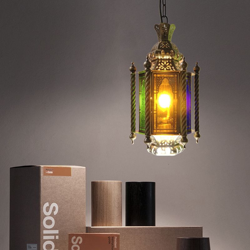 2 têtes Lanterne lustre éclairage arabe finition en laiton kit de lampe suspendue métallique avec nuance en verre multicolore