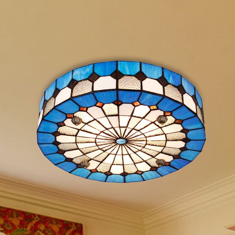 16"/23.5" W Round Ceiling Light Fixture Tiffany Style Stained Glass 3/4 Lights Flushmount Light in Blue for Living Room