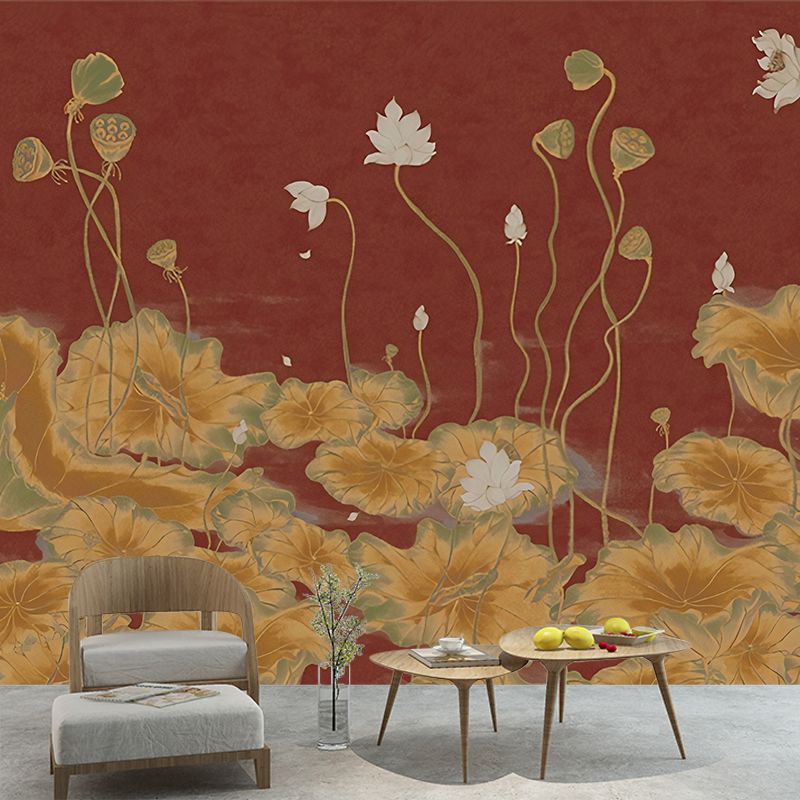 Lotus Pond Painting Wall Mural Dark Color Chinoiserie Wall Covering for Study Room