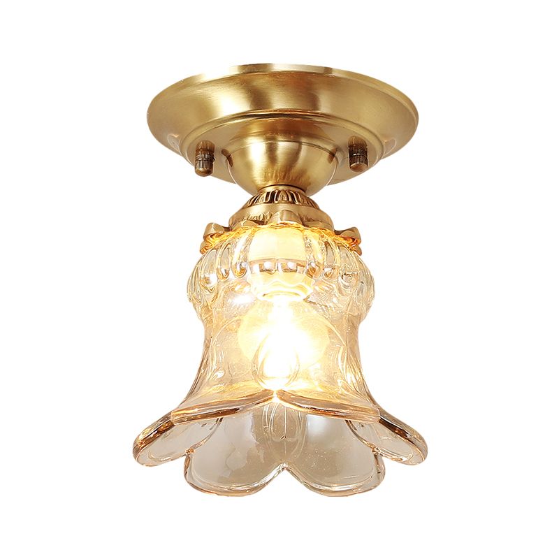 Amber Glass Brass Flush Mount Lamp Flower Single Light Retro Style Ceiling Fixture