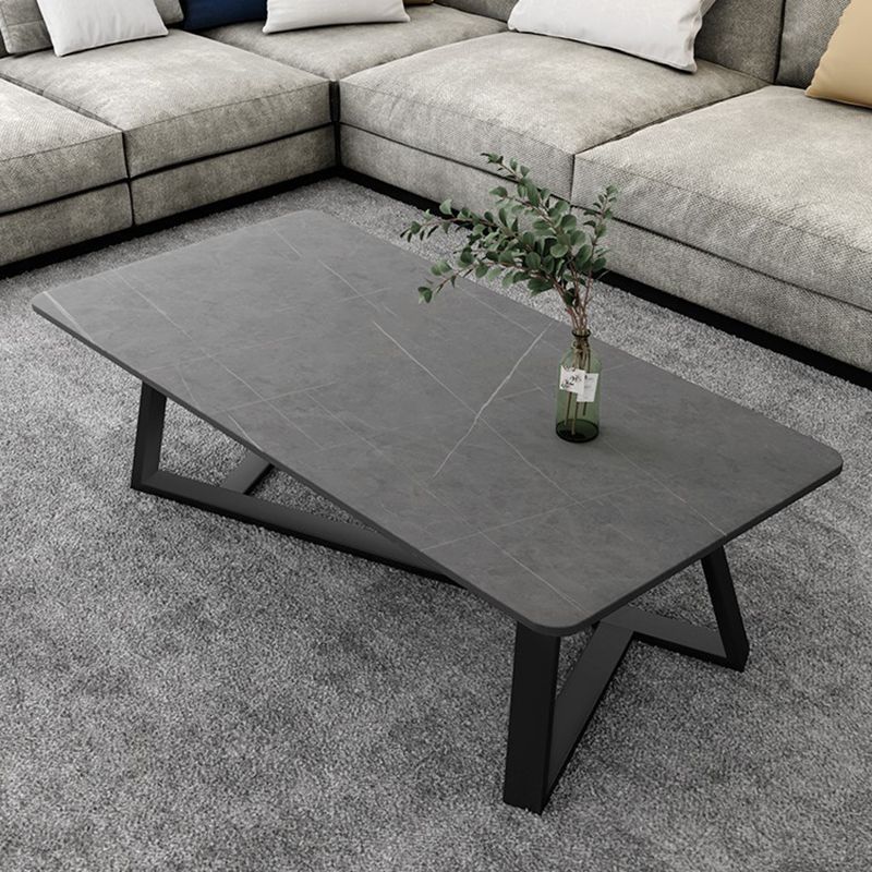 Glam Stone Coffee Table with Black Steel Base and Rectangle Top