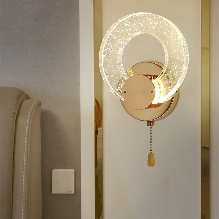 Gold Contemporary 1-Light LED Wall Sconce Circle Crystal Wall Mounted Light for Bedroom