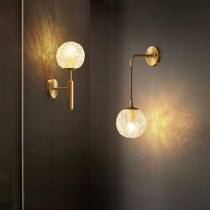Gold Globe Hanging Wall Sconce in Modern Artistic Style Copper Indoor Wall Lamp with Ripple Crystal Shade