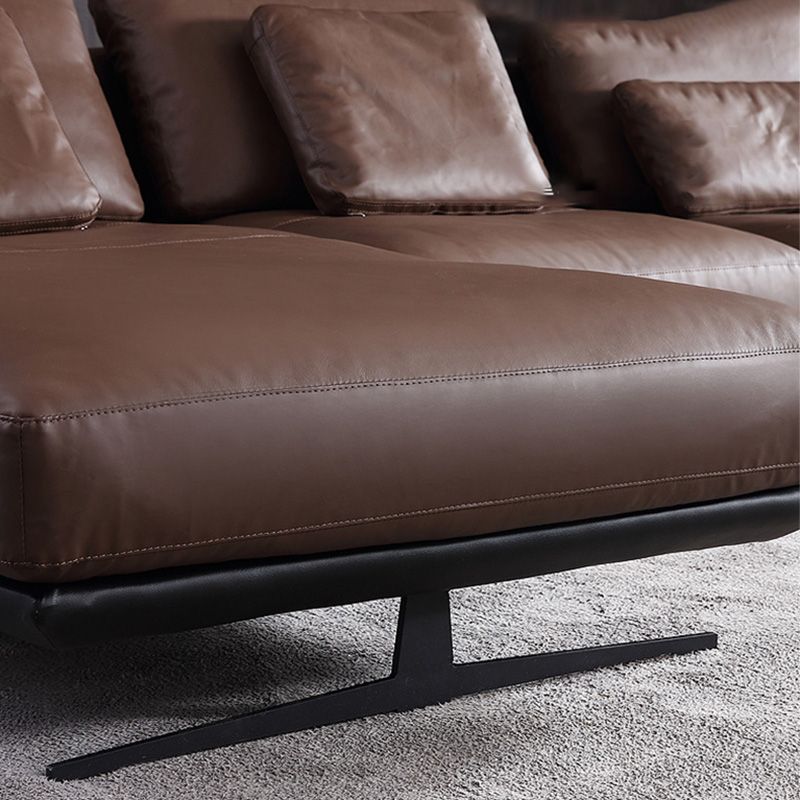 Sofá con brazo cuadrado y chaise de cuero genuino seccional marrón oscuro para sala de estar
