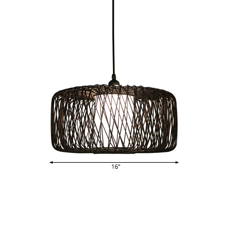 1 Light Restaurant Hanging Lamp with Drum Bamboo Shade Black Pendant Light Fixture, 16"/23.5" Wide