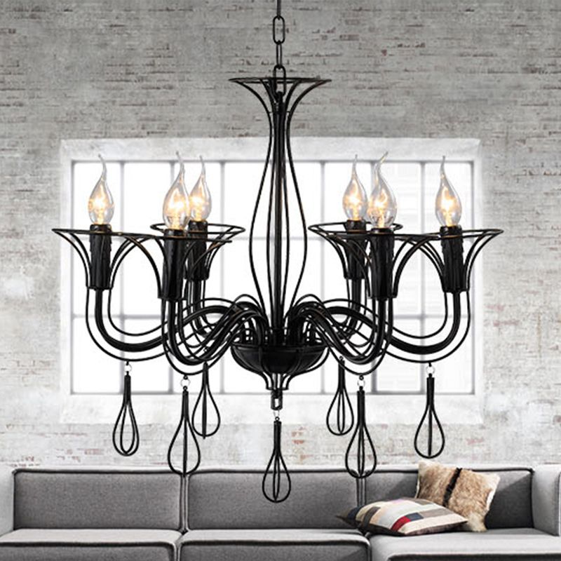 Dark Brown Scrolled Arm Pendant Lighting Classic Metal 5/6 Lights Living Room Chandelier