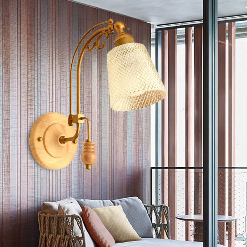 1 Bulb Cone Sconce Lamp Tradition Prismatic Glass Wall Lighting Fixture in Brass with Curved Arm