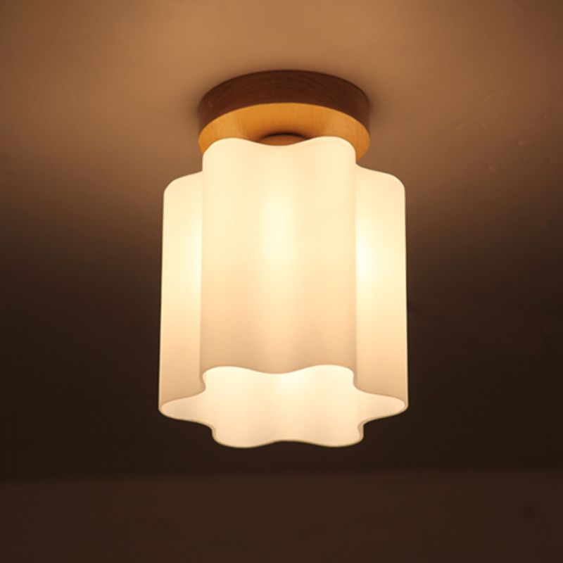 Milky Glass Prism Floral Ceiling Flush Light Minimalism 1 Bulb Wood Flushmount Light for Corridor