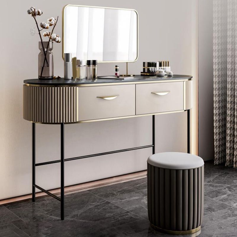 2 Storage Drawers Dresser with Mirror & Padded Stool Contemporary Stone Top Vanity