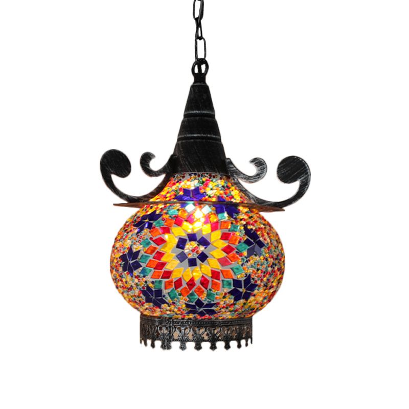 Bohemia Ball Drop Lamp 1 Head Handcrafted Stained Glass Pendant Ceiling Light in Beige/Yellow/Green