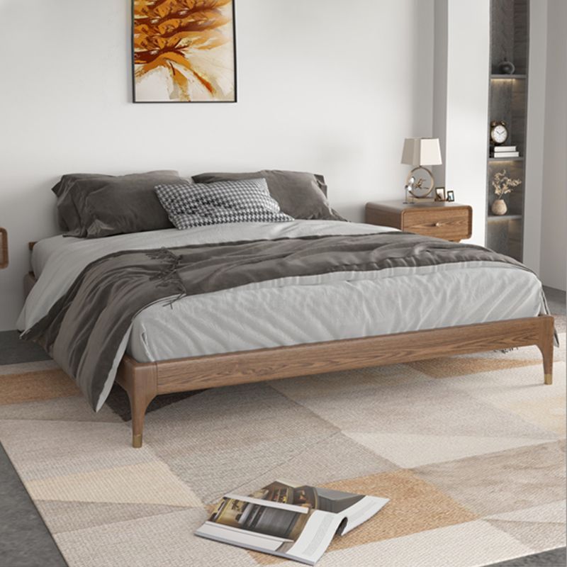 Ash and Pine Wood Bed without Headboard Platform Bed Frame in Brone