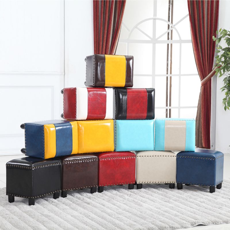 Modern Rectangle Pouf Ottoman Faux Leather Chair Ottoman With Nailhead Trim