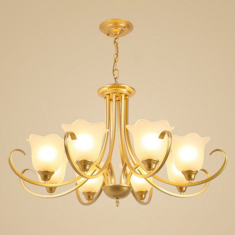 Classic Floral Chandelier Lighting Iron Pendant Light with Ruffled Cream Glass Shade
