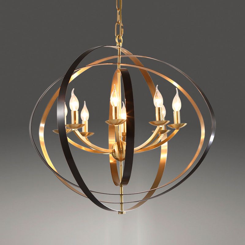 8 Lights Pendant Light Classic Candle Metal Hanging Chandelier in Gold for Living Room with Ring