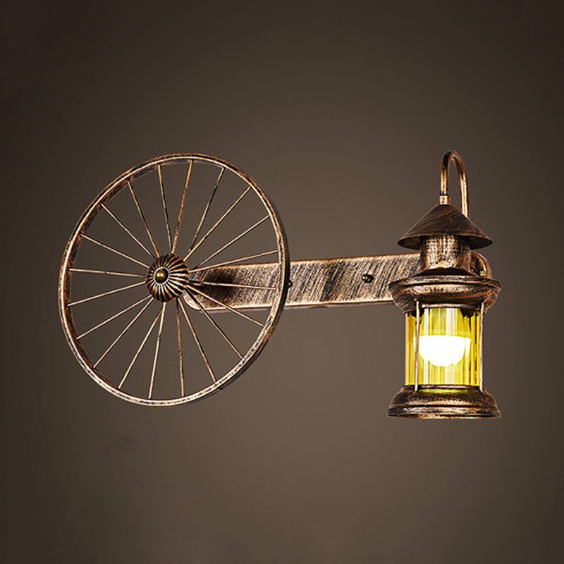 1 Bulb Amber Glass Sconce Coastal Brass Lantern Corner Wall Mounted Light with Wagon Wheel Deco